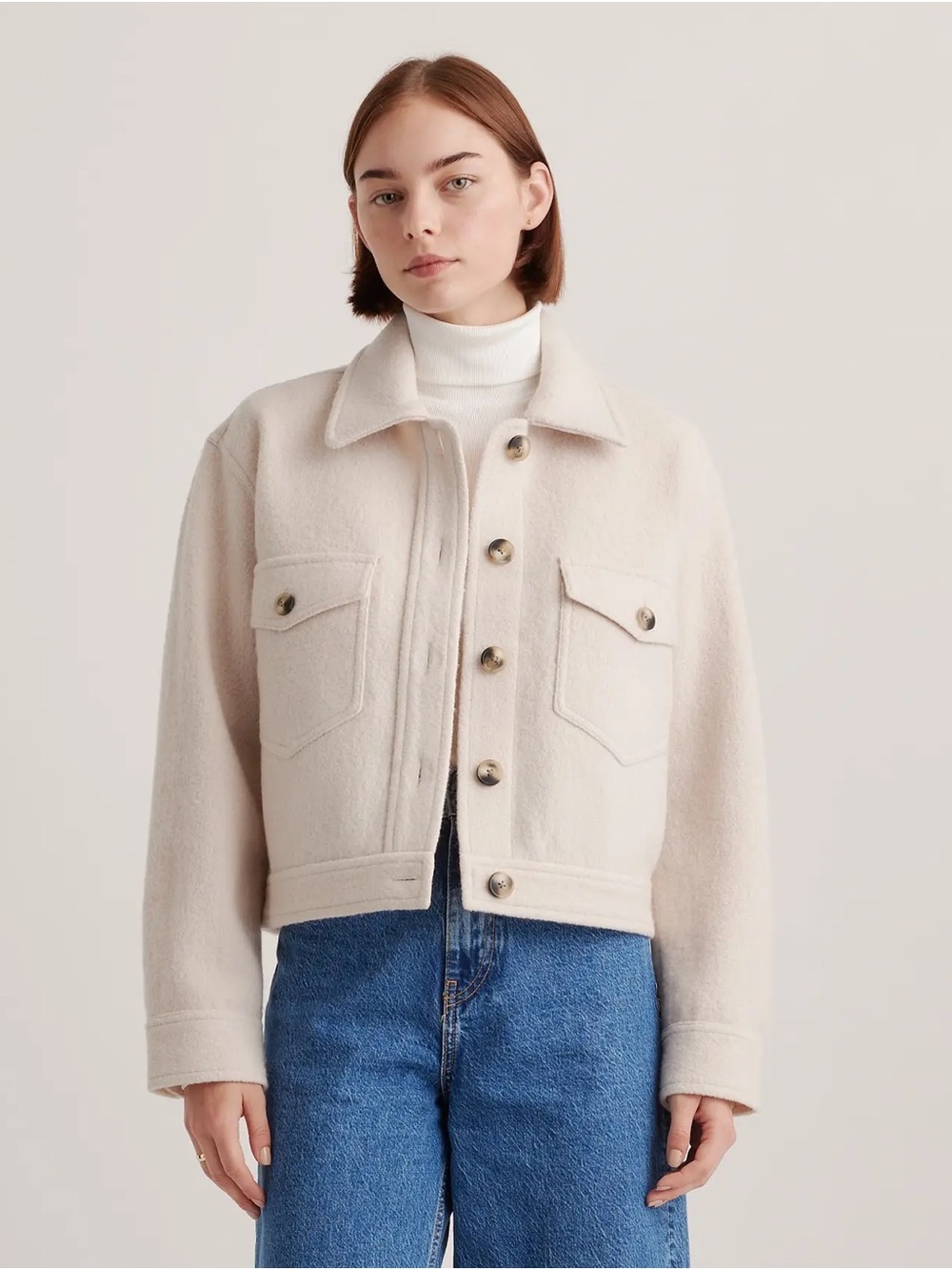 Quince Cream Button-Front Wool-Blend Jean Jacket